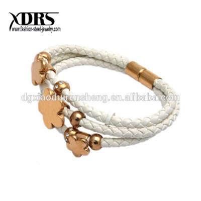 Wholesale Leaf Charm Stainless Steel Leather Wrap Bracelet